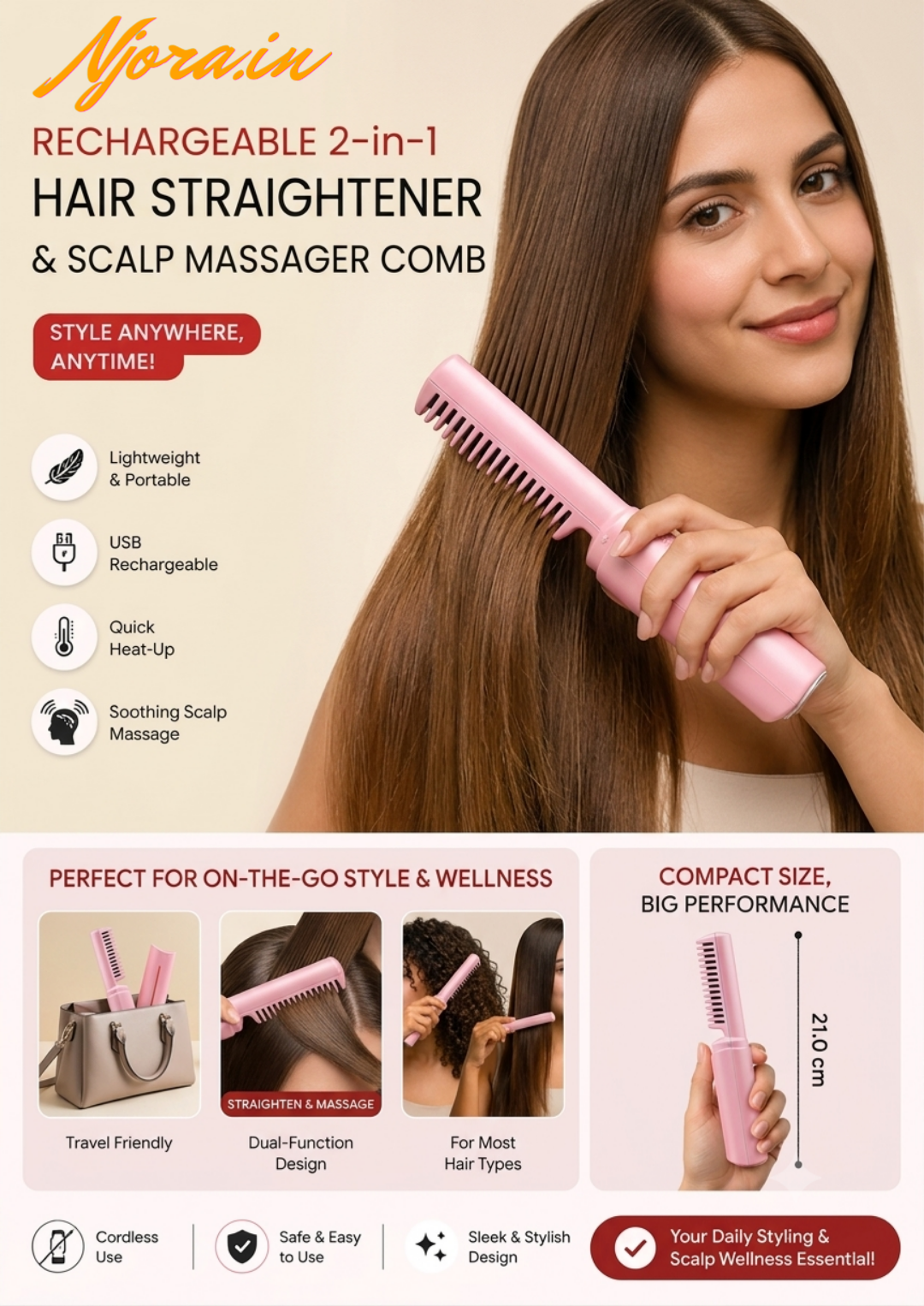 Rechargeable Mini Hair Straightener | Portable Cordless Hair Styler | 2-in-1